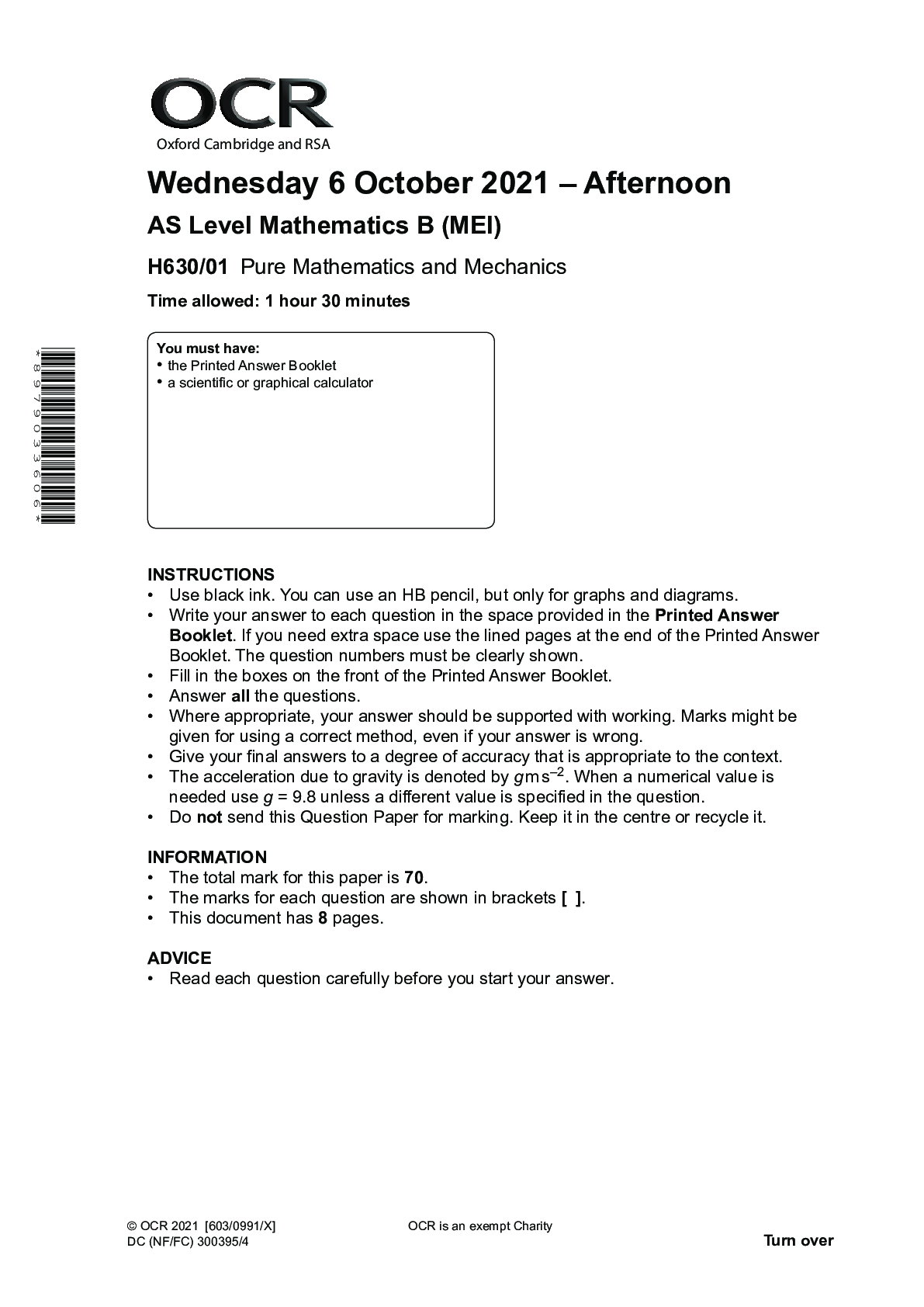 Preview of >_AS Level Mathematics B (MEI) H630/01 Pure Mathematics and Mechanics|| Question Paper OCT